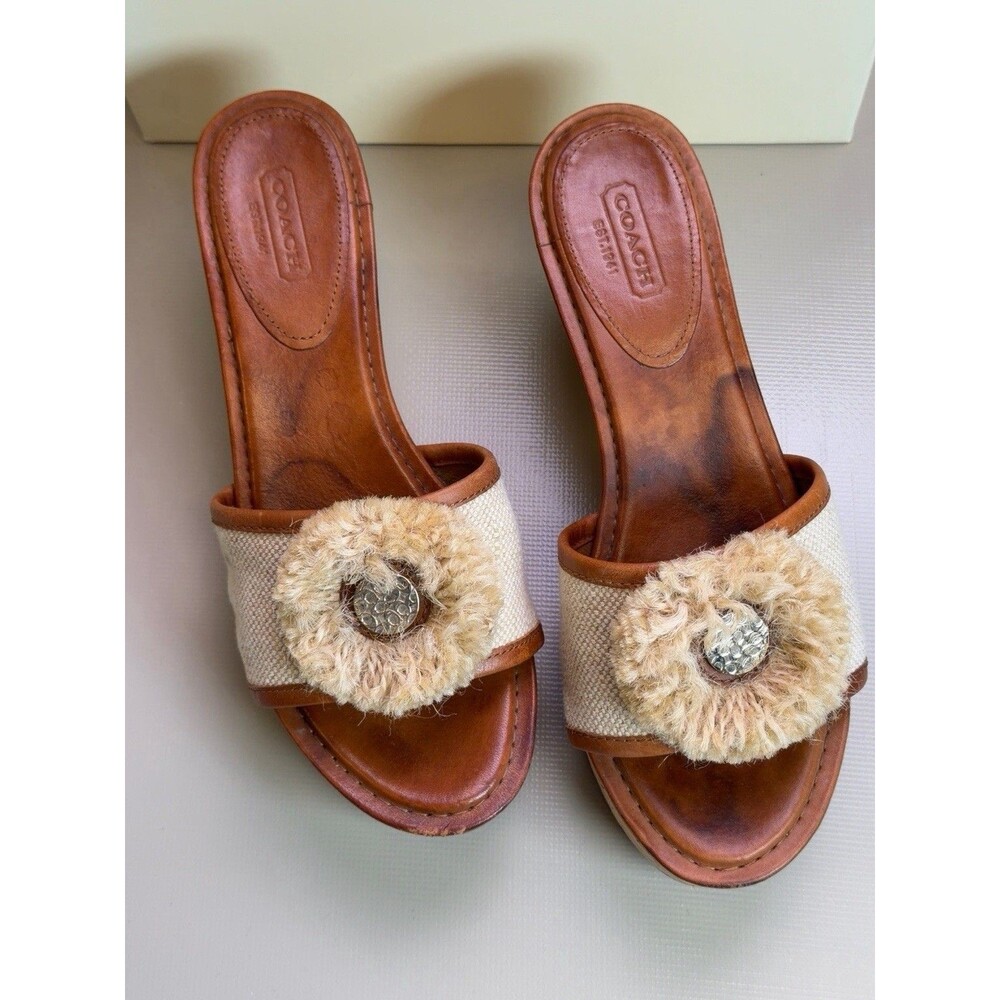 Coach Jazmin A8031 Canvas Cork Wedge Slide Sandals Natural Women’s 7.5M - Picture 2 of 12